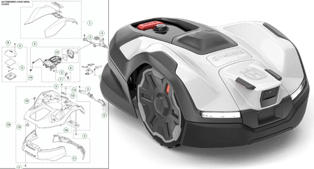 Husqvarna Automower 410VE Nera med sprängskiss över reservdelar