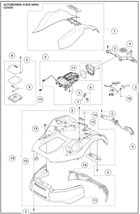 Bild från sprängskiss för Automower 410VE Nera