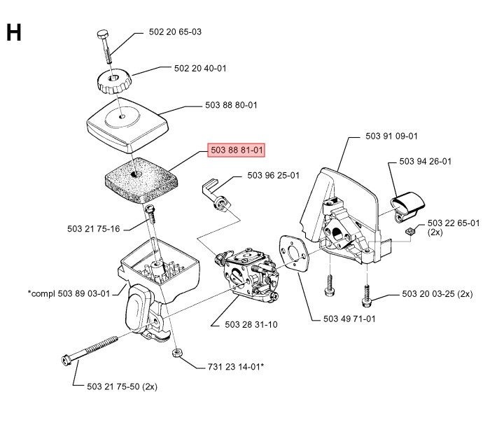 Filtro de aire Husqvarna 123, 223, 322, 323, 325, 326
