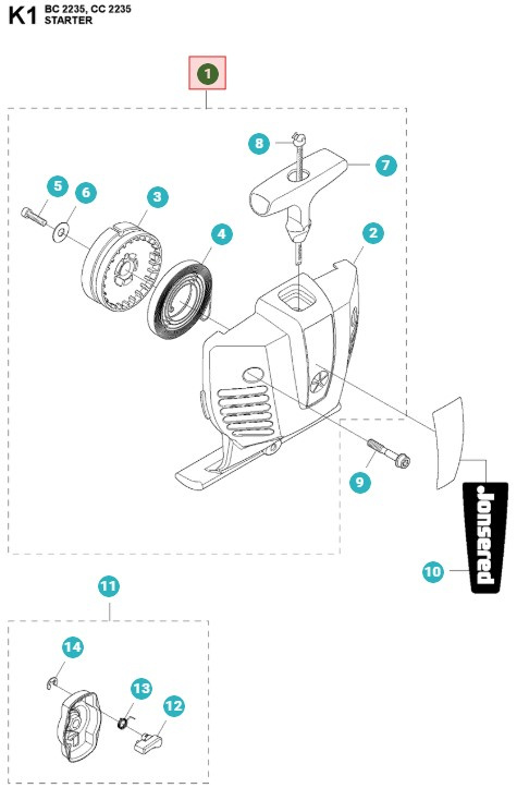 Arrancador Jonsered CC2235, CC2236, BC2235, GC2236