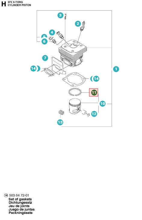 Anillo de pistón 50mm Husqvarna 371XP, 372XP, CS2172, CS2166